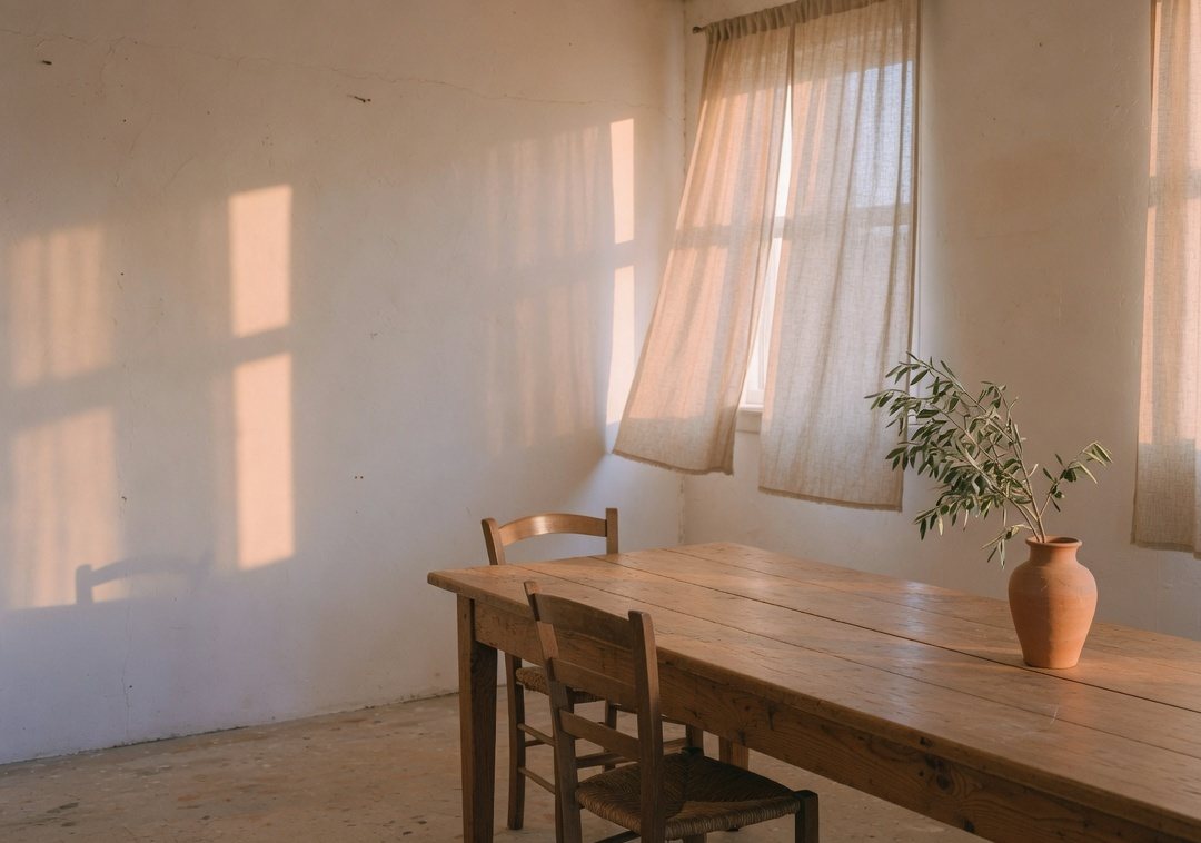 A long oak table and chairs in a sunlit casting room.